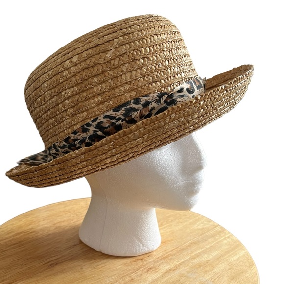 *STRAW HAT WITH ANIMAL PRINT RIBBON AND BOW - Picture 3 of 9